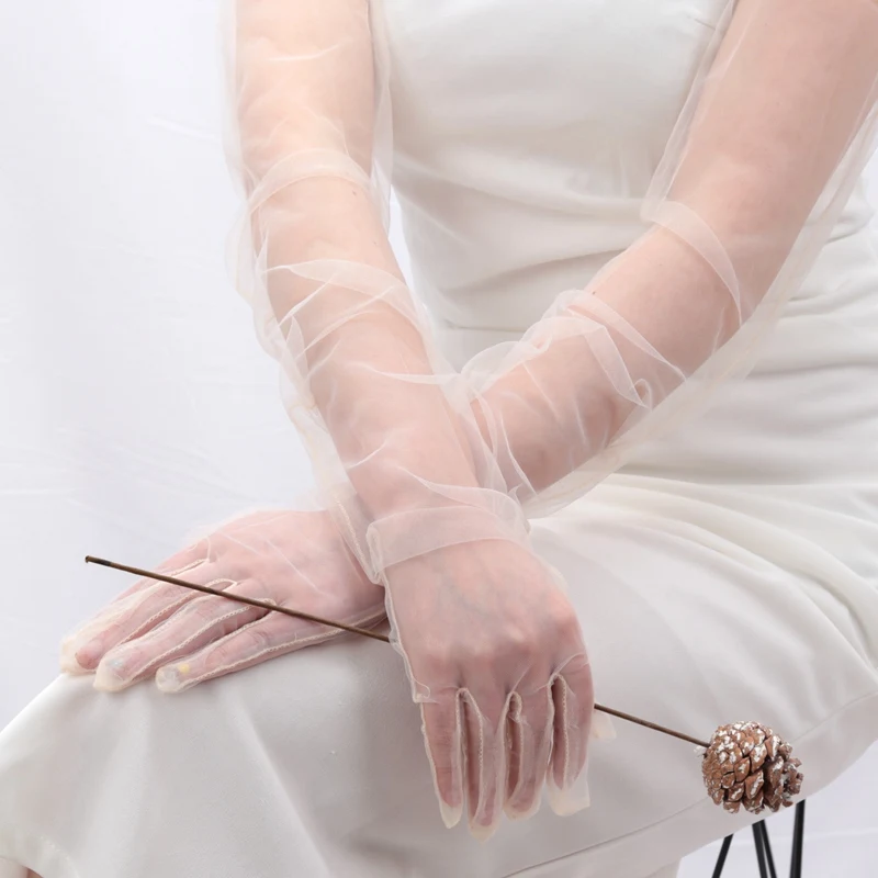 Women's Sexy Transparent Gloves Long Tulle Gloves Ultra Thin Full Finger Mittens Mesh Elbow Wedding Bride Sheer Sunscreen Glove