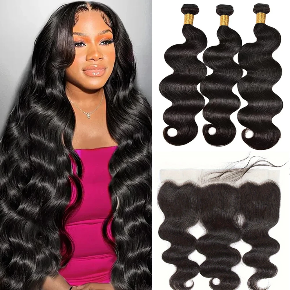 Body Wave Human Hair Bundles With 13x4 Transparent Lace Frontal 3 Bundles With Frontal Extensions Weave Brazilian for Women