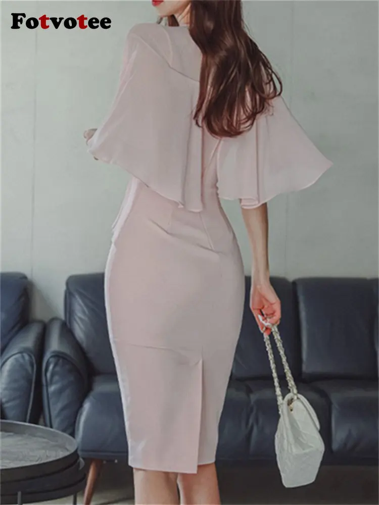Fotvotee Дамска рокля с волани с V-образно деколте лято 2023 г. Елегантни тънки моливи рокли с къс ръкав Корейска модна дамска миди рокля