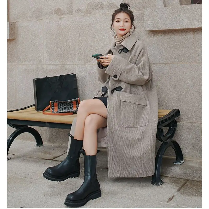 

2022 Winter New Horn Button Trench Coats Medium Long Korean Version Loose And Thickened Free Shipping