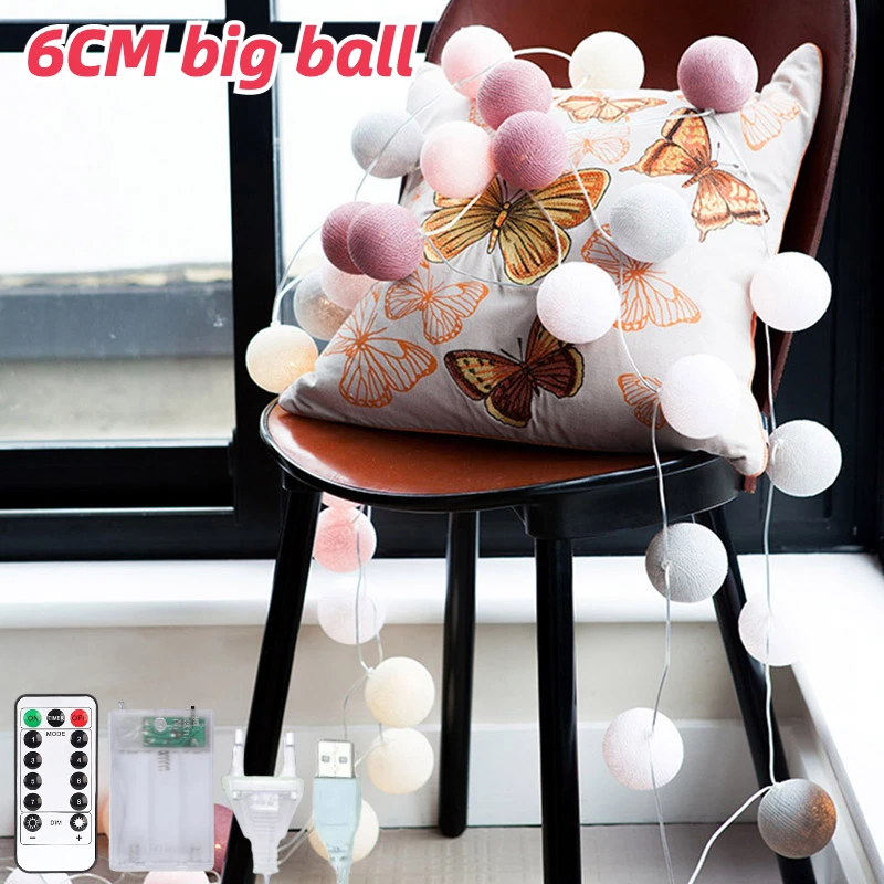 6CM Cotton Balls Led Fairy String Lights Children Bedroom Garland Lamp Christmas Wedding Decorations Home Garden Outdoor Party camping string lights