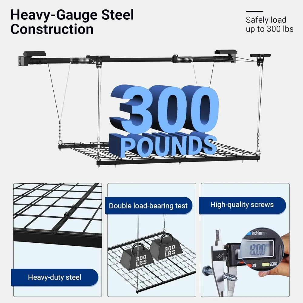 Overhead Garage Lifting Storage Rack, 4x4 Ft Heavy-Duty Metal Garage Ceiling Rack,300lbs Weight, Black 3