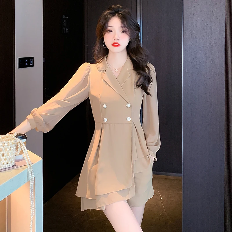 Real Photo Spring New OL Short Blazer Dress Outfits Bodycon Double Breasted Pleated Dress and Shorts Two-Piece Set Suits Female