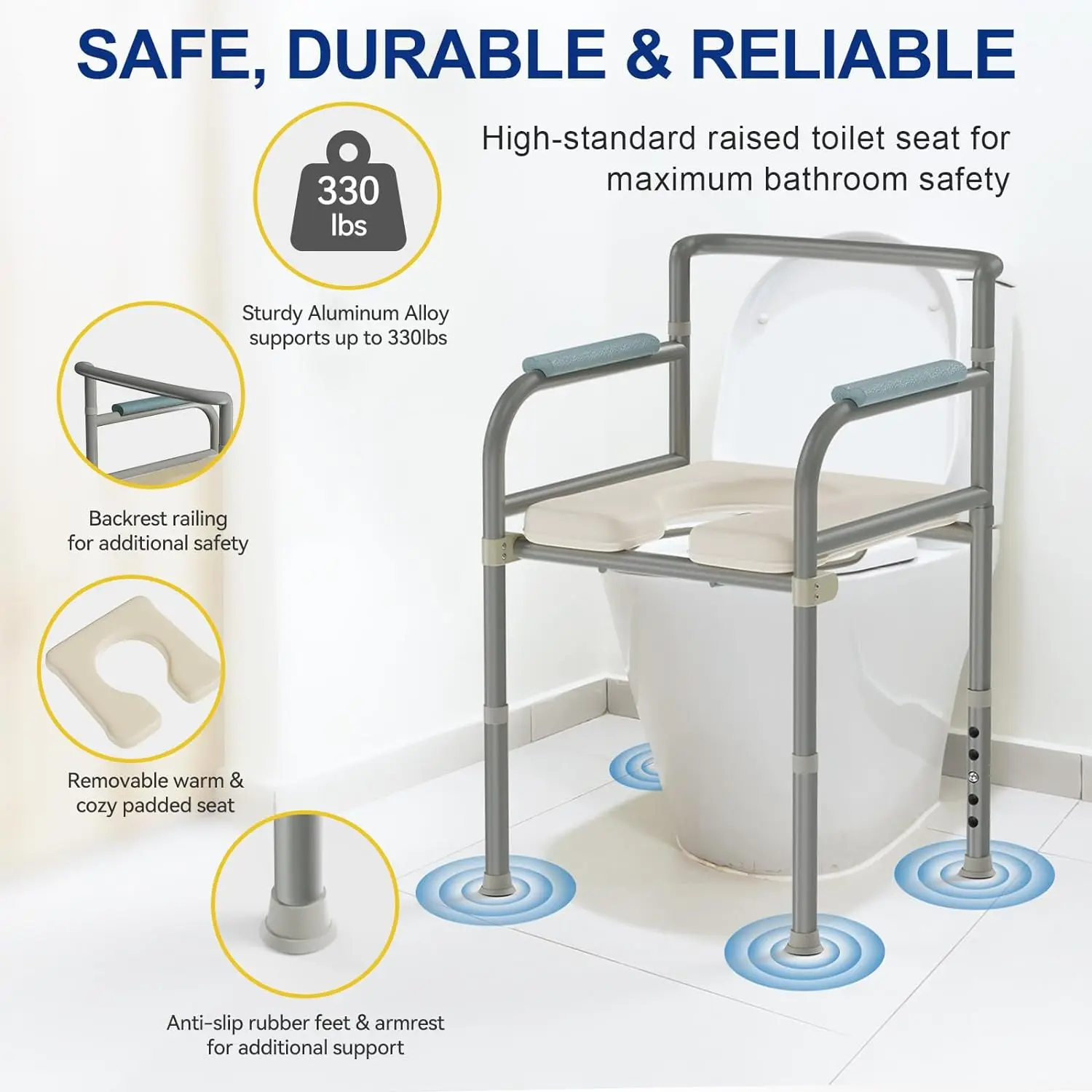 Raised Toilet Seat with Handles-Cozy Padded Toilet Seat Risers for Seniors, Handicap-Multi-use as Bedside Commode, Shower Ch
