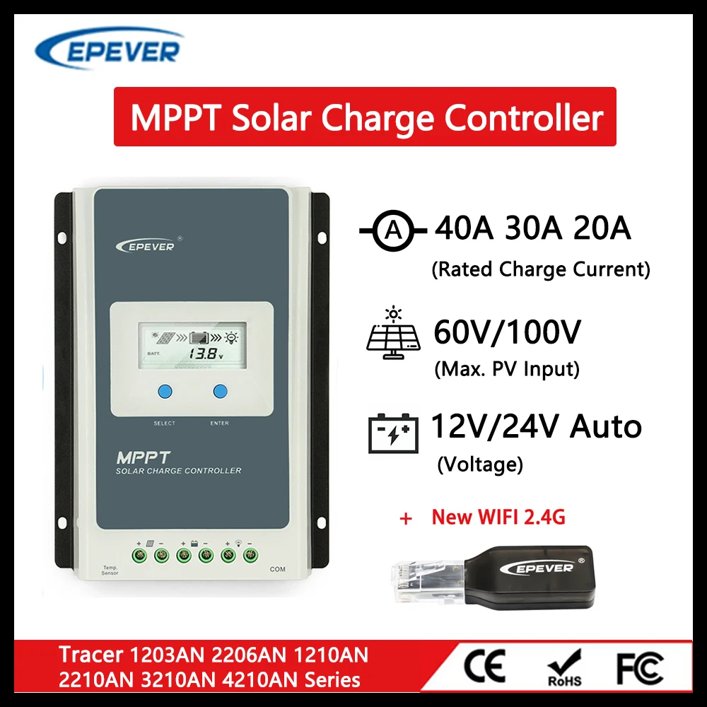 

EPever MPPT Solar Charge Controller 12V 24V Auto 40A 30A 20A 10A Solar Panel Regulador for Lead Acid Lithium Batteries with Wifi