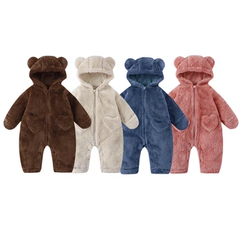 2025 Winter Newborn Baby Cartoon Bear Plush Onesie Hooded Ear Fluffy Romper Unisex 0-12M Thermal Infant Jumpsuit Warm Outfit 1