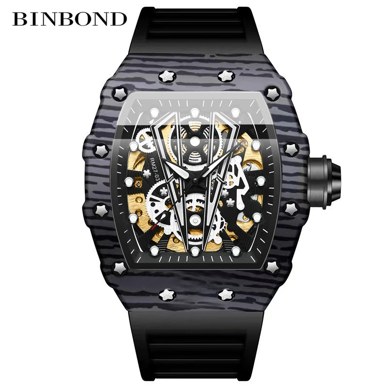 

BINBOND Brand New Silicone Strap Sports Mechanical Watch for Men Waterproof Luminous Fashion Automatic Skeleton Watches Mens