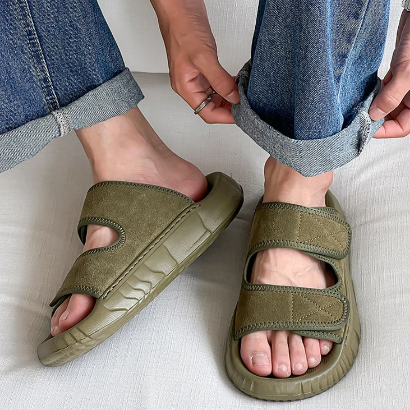 Summer Suede Leather Open Toe Thick Sole Platform Men Sandals Solid Color Slip on Outdoor Slippers Fashion Western Casual Shoes