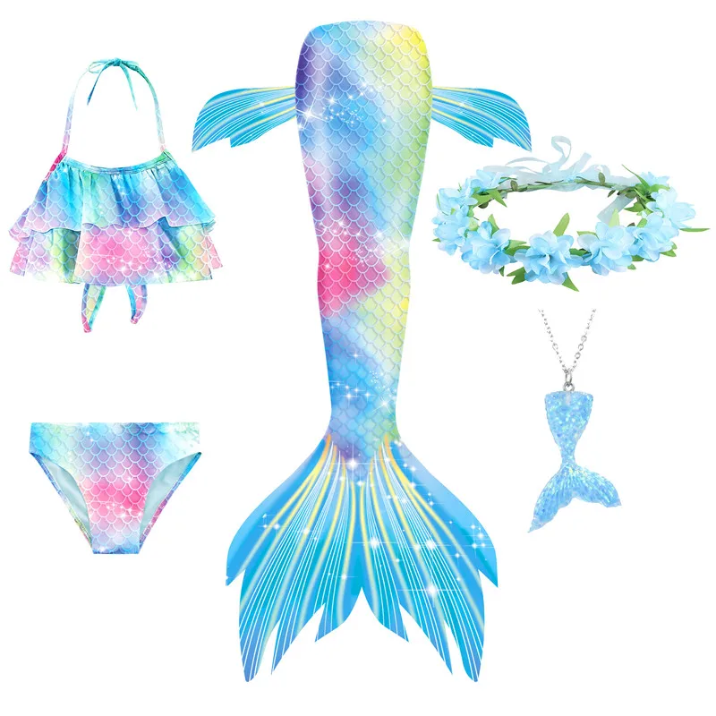 Girls Swimmable Mermaid Tail Costume Cosplay Swimsuit Halloween Dress set with fin Kids Monofin for Swimming Clothes Red Bikini anime halloween costumes Cosplay Costumes