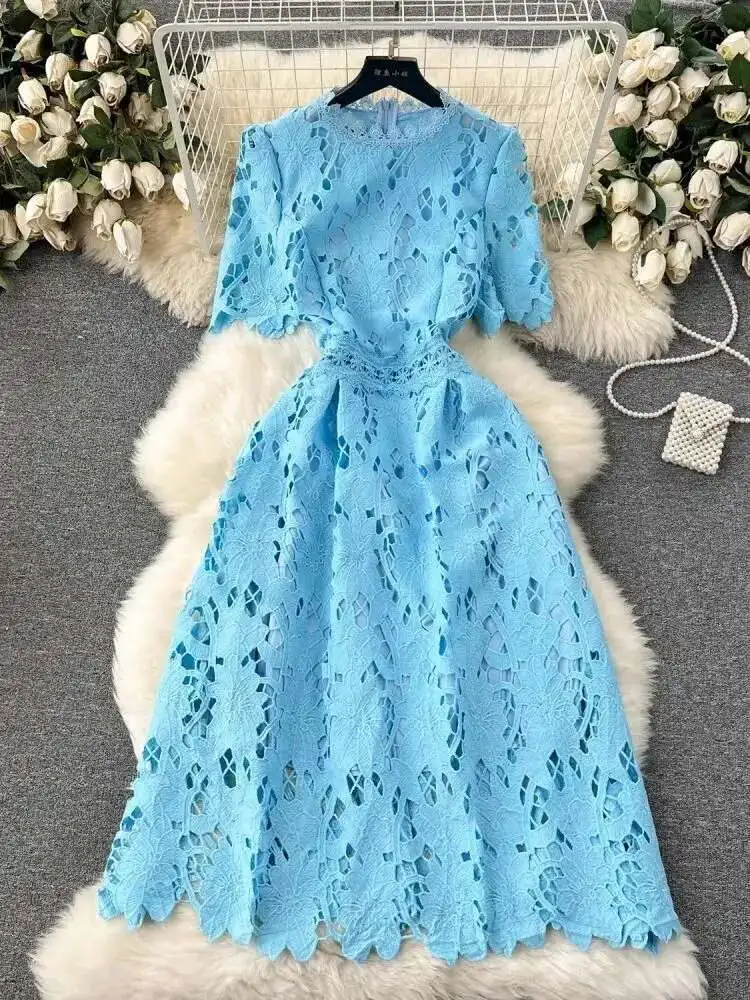 Embroidered Dresses Hollow Long Summer Green Out French Cotton main image 0