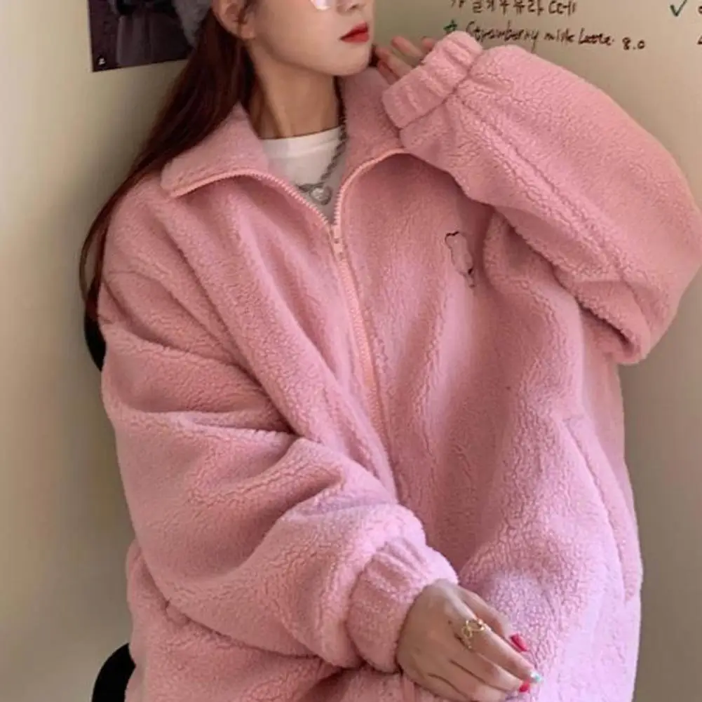 Style Jacket Thickened Plush Winter Jacket with Cartoon Bear Pattern Cozy Stand Collar Sweatshirt Coat for Women Women Jacket women jacket cozy women s winter jacket plush stand collar thick warmth stylish zipper autumn coat for casual comfort coral