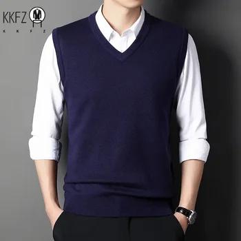 2024 Autumn Winter New Men's Solid Color V-neck Knitted Vest Casual Fashion Warm Sweater Versatile Top 1