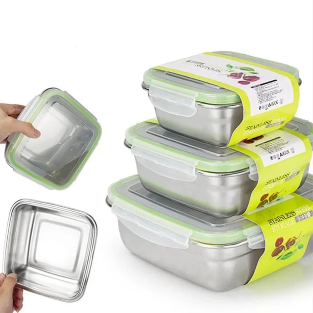 Contenedores de alimentos de acero inoxidable de 3 piezas, caja de almacenamiento de alimentos, fiambrera cuadrada de 400/750/1200ml