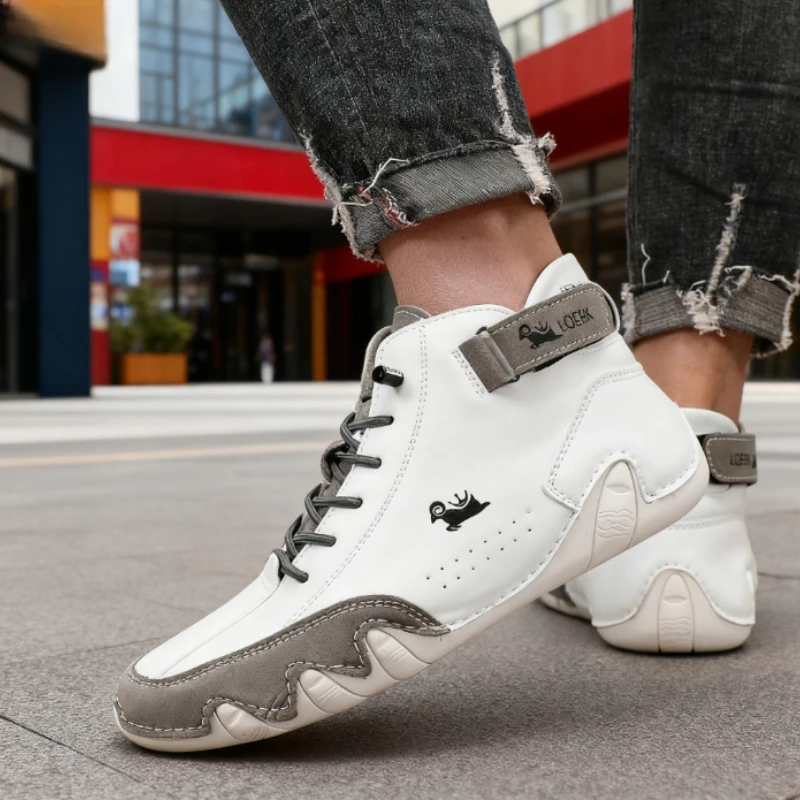 Men's Casual Bare Boots Luxurious Fashion High Top Sneakers Breathable Original Comfort Soft Soled Handmade Leather Flat Shoes