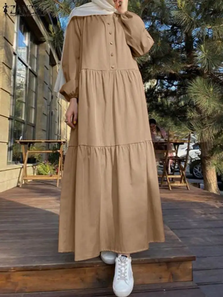 

ZANZEA Woman Vintage Turkey Hijab Muslim Dress Fashion Party Vestidos Puff Sleeve O-Neck Layered Sundress Elegant Solid Dresses