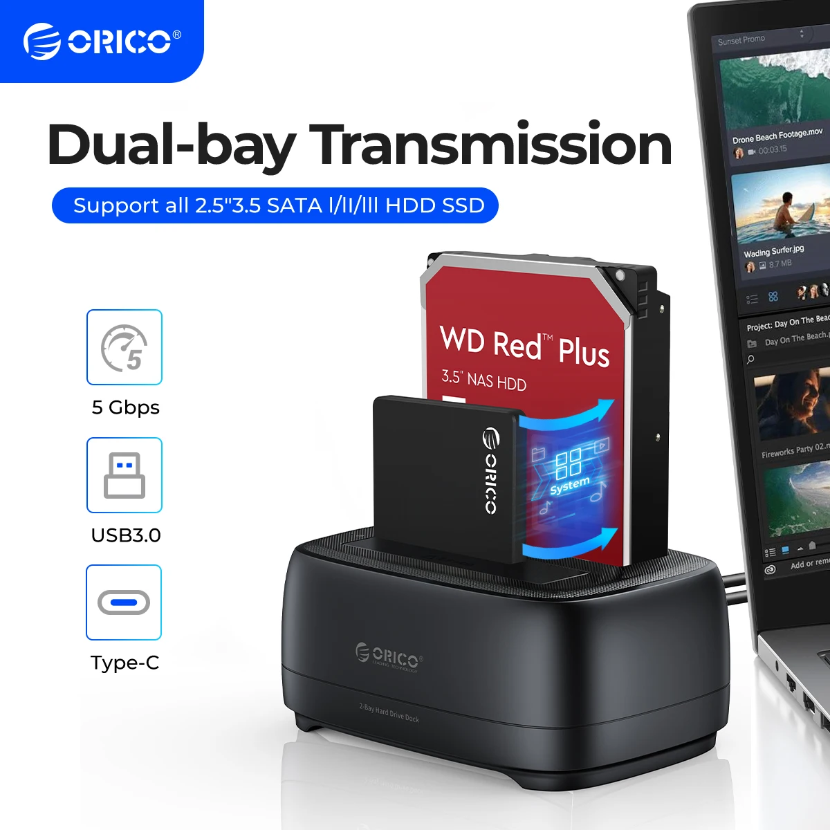 HDD Docking Station ORICO Dual-bay Hard Drive Station USB3.0 5Gbps Type-C HDD Docking Station with 12V 3A Power Adapter for 2.5/3.5 Inch HDD/SSD
