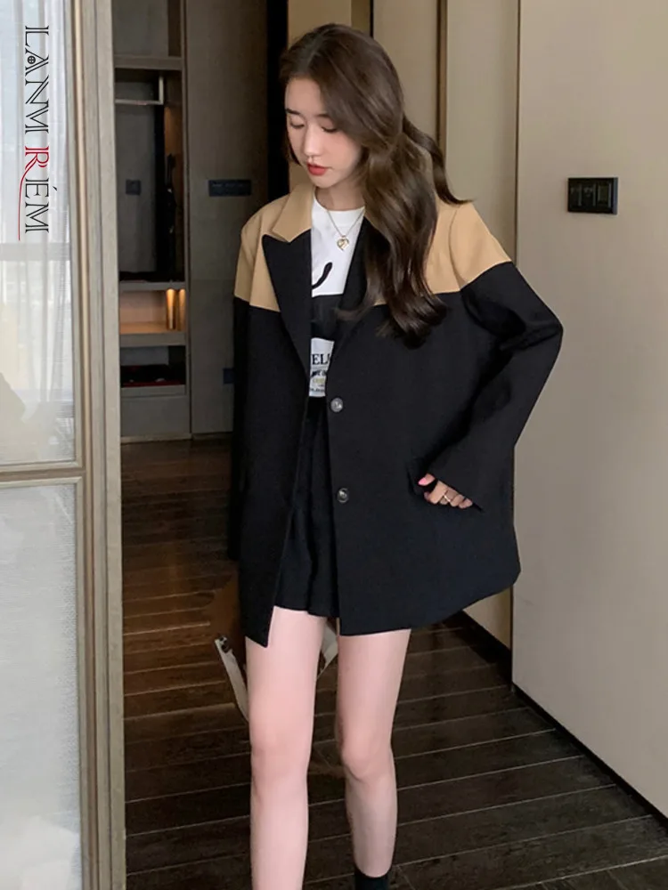 

LANMREM Color Block Blazer Coat For Women Single Breasted Long Sleeves Korean Coats Patchwork Female Clothing 2023 New 2YA1149
