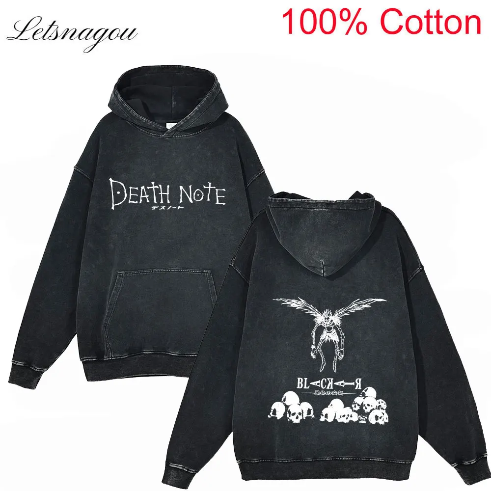 

Men Streetwear Vintage Hoodie Sweatshirt Japanese Anime Death Note Graphic Washed Black Hoodie Hip Hop Autumn Harajuku Pullover