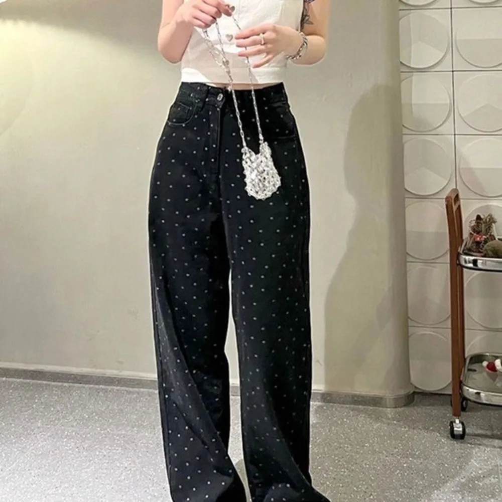 Korean version of the cute chic polka dot wide leg pants loose 2023 fall and winter new Harajuku loose straight long pants