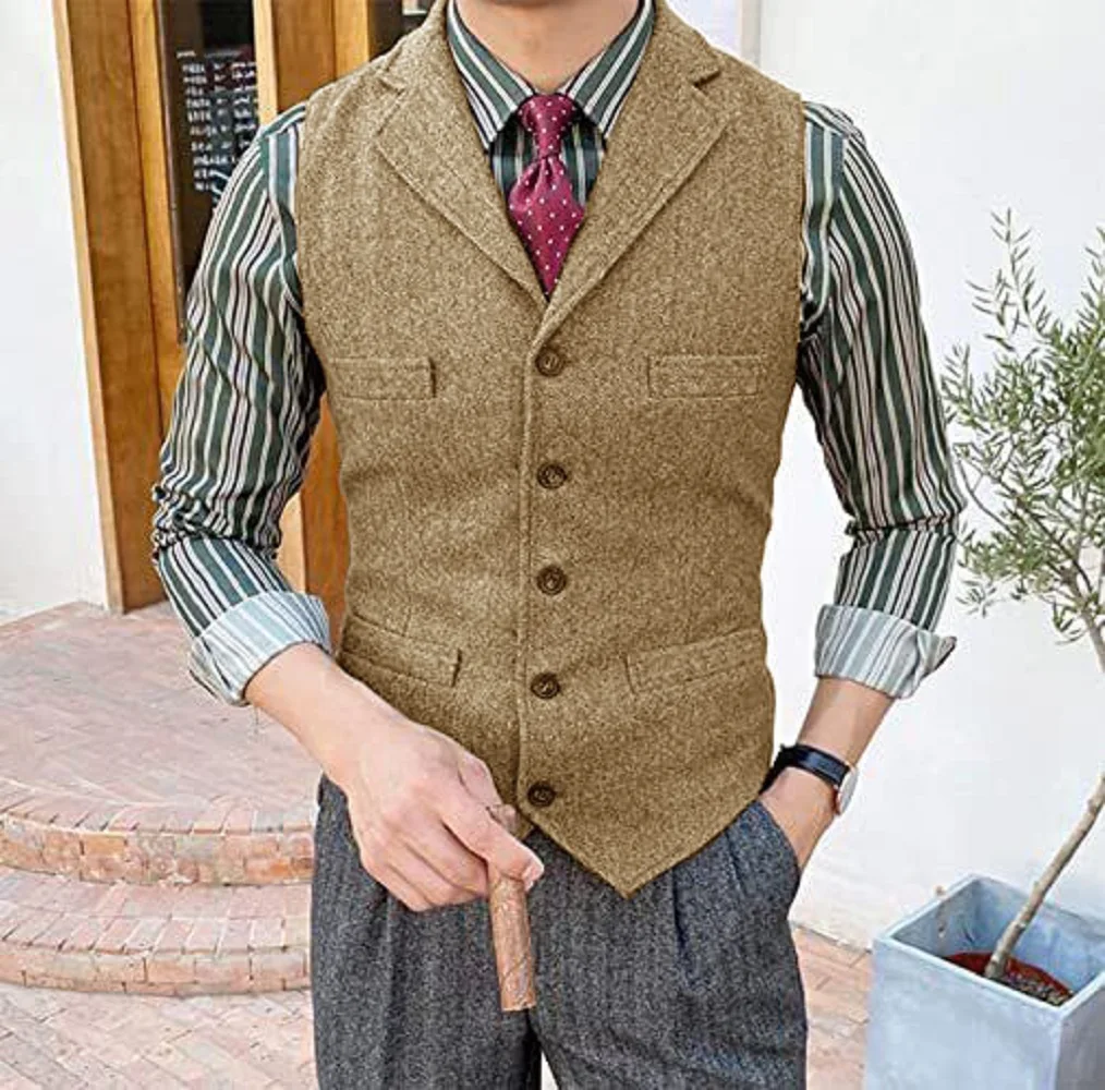 

Men's Single Breasted Coarse Tweed Wool Vest Formal Clothes Man Retro Wedding Party Ball Vest Men's Knitted Vests Work Suits