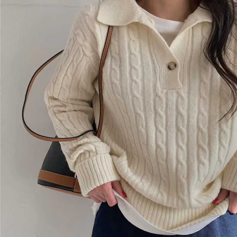 Autumn and Winter Fashion New Women's Polo Button Women's Long Sleeve Sweater Casual Elegance Women's Office Top Knitwear