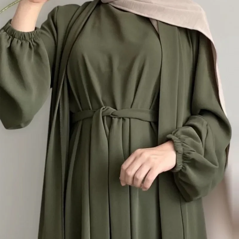 New Abaya Set Crinkle Fabric Open Abaya+Inner Long Dress Islamic Clothing Muslim Women Dresses Set Turkish Kaftan Ramadan Eid