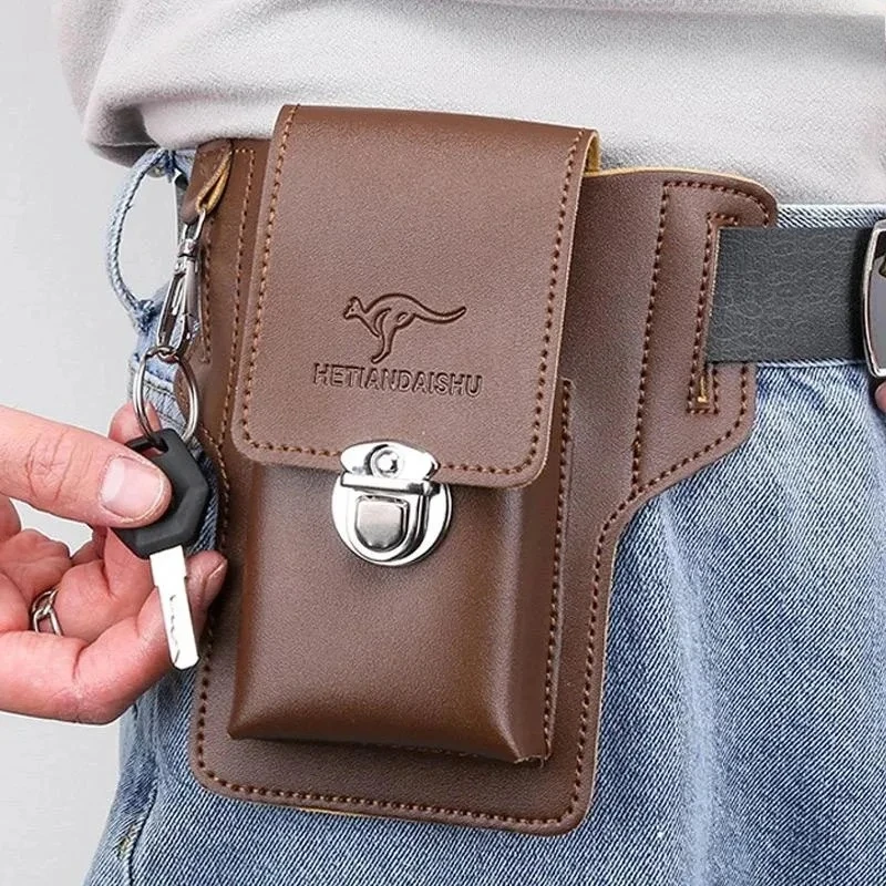 Leather men's retro bag Belt phone holder hiking bag phone carrying case belt pouch leather bag