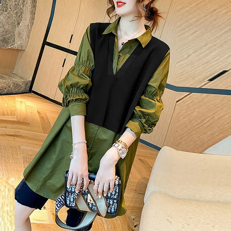 Korean Fake Two Pieces Patchwork Shirt Spring Autumn Casual Loose Button Women's Clothing Polo-Neck Stylish Folds Midi Blouse