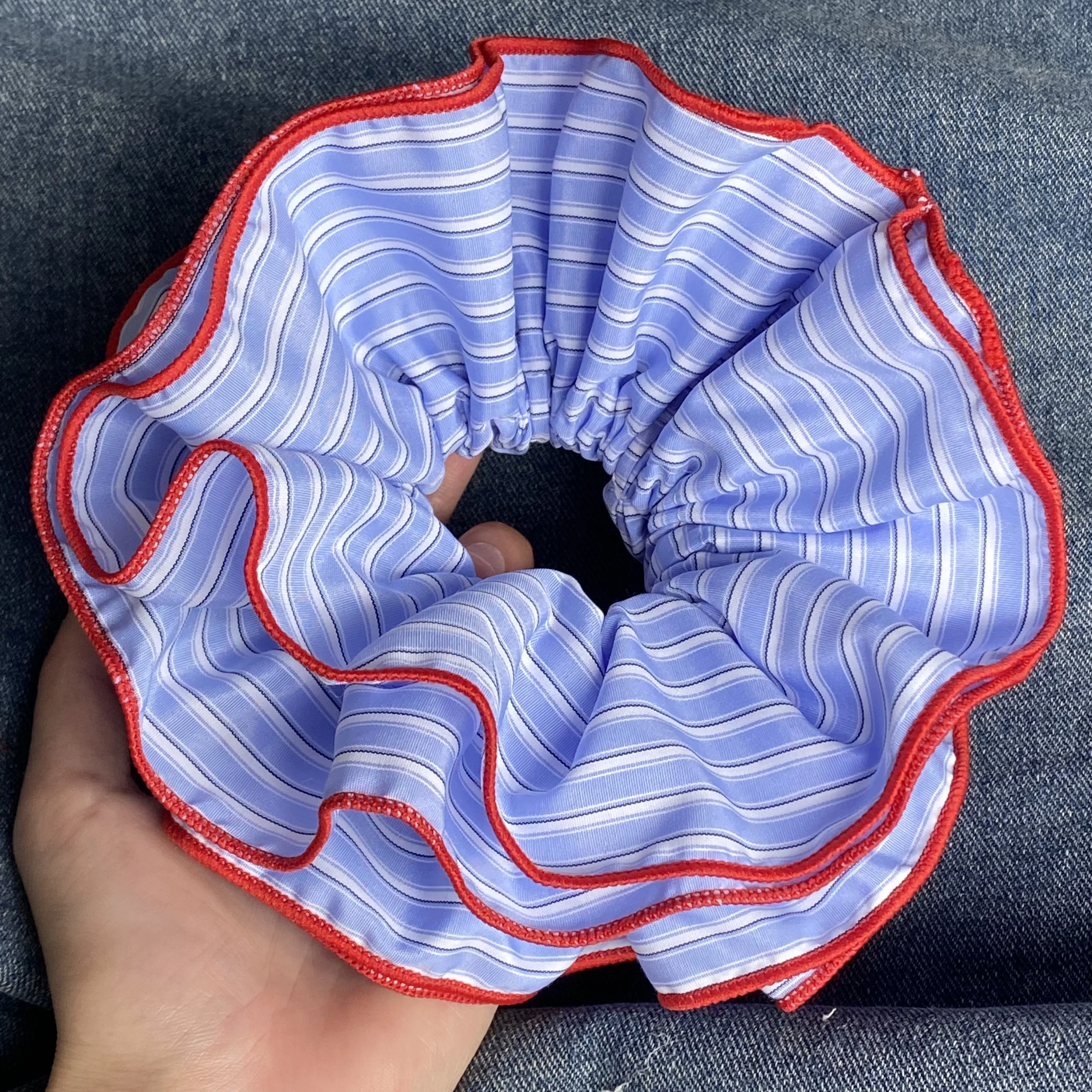 1PC Large Blue Striped Hair Scrunchie with Red Ruffled Edges, Cute and Fashionable Hair Tie, Sweet Hair Accessory for Women
