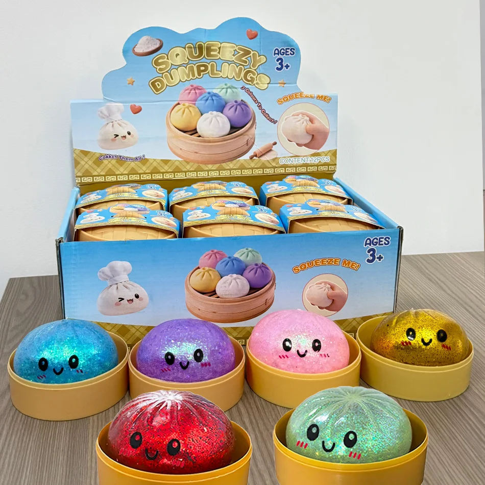 New 1-12pcs Glitter Dumpling Squishy With Box Dumplings Sensory Squeeze Toy For Stress Relief_voghion.com