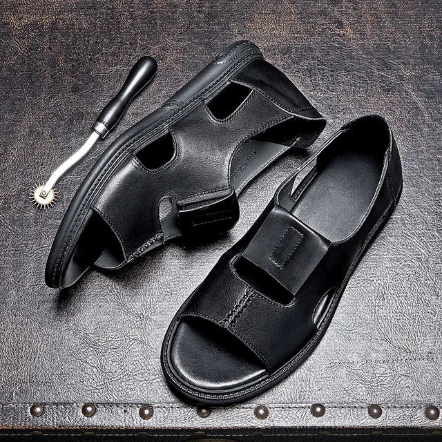 Us 6-10 Men's Genuine Leather Luxury Shallow Mouth Sandals Trendy Hook Loop  Summer Casual Outdoor Beach Shoes Modern Man - Men's Sandals - AliExpress