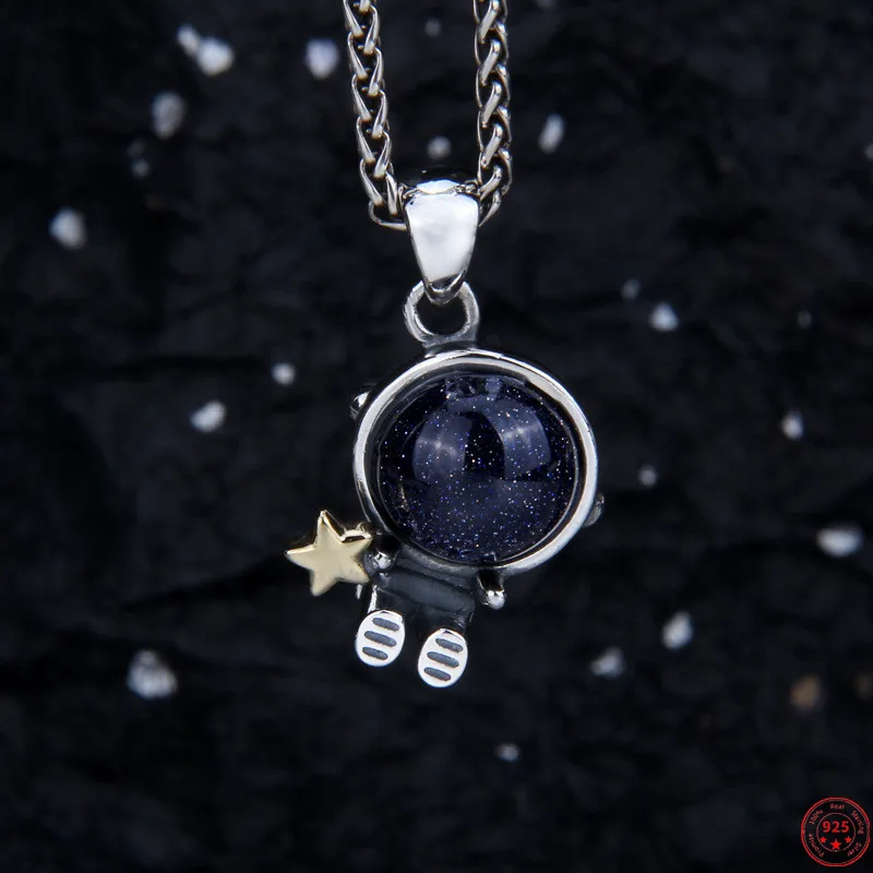 

S925 Sterling Silver Charm Pendants New Fashion Picking Stars Blue Sandstone Astronaut Pure Argentum Jewelry for Men Women