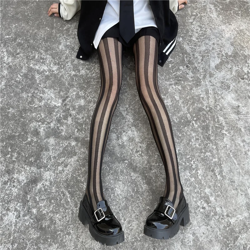 

Factory Vertical Striped Stockings for Women Sexy Slimming Black Opaque Tights Anti-Snagging Silk Black Stockings