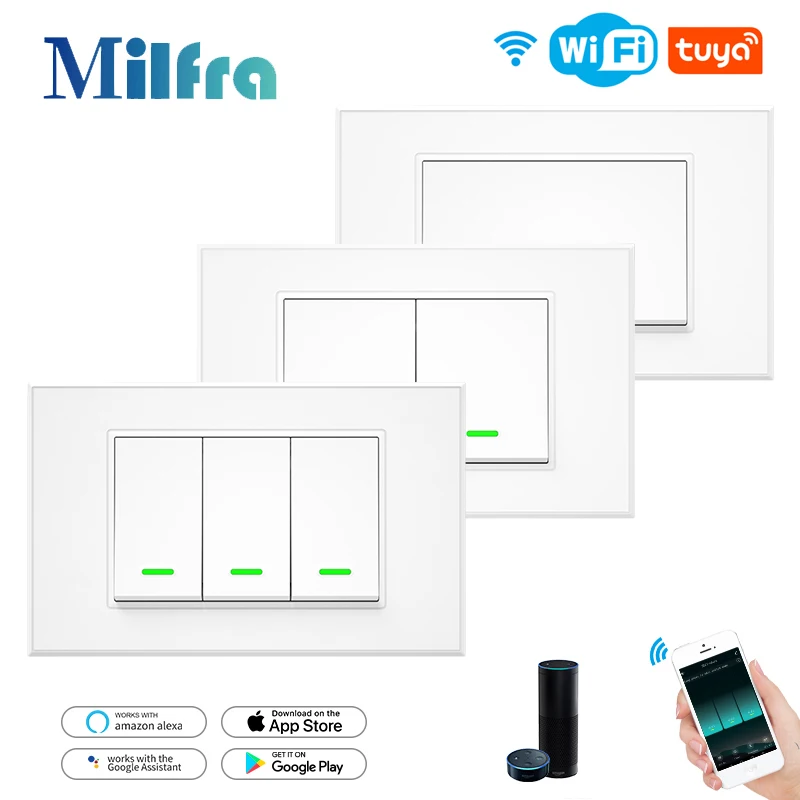 Interruptor Wifi Inteligente para Interruptores de Luz Fio Neutro Opcional Botão de Parede Inteligente Aplicativo Tuya Controle de Voz Alexa ac 100240v