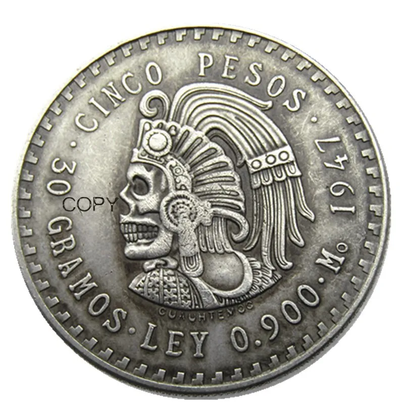 Hobo Uncircoled 1947 Messico 5 Pesos Argento Monete Di Copia Straniera Divertente Teschio Zombie Scheletro Copia Monete