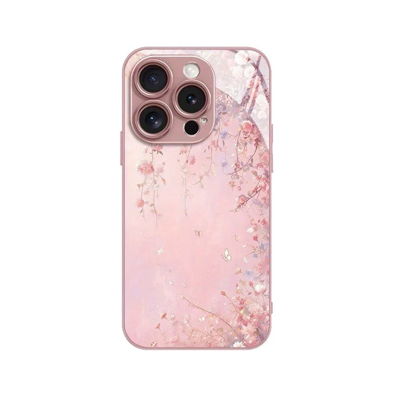 Oil Painting Pink Flowers Phone Case with Tempered Glass Cover