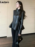 Vestes en cuir PU souple rétro noir pour femmes Lautaro, printemps-automne, col montant zippé, vêtements élégants de luxe de créateur 1