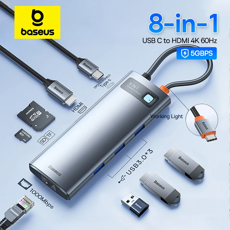 Baseus-USB Cハブ,タイプCからHdmi互換,USB 3.0 pd 4kギガビットデバイス,スプリッタードック,macbook proノート Baseus USB C ハブ - HDMI 互換 VGA USB 3.0 アダプター 9⁄11 in 1 USB