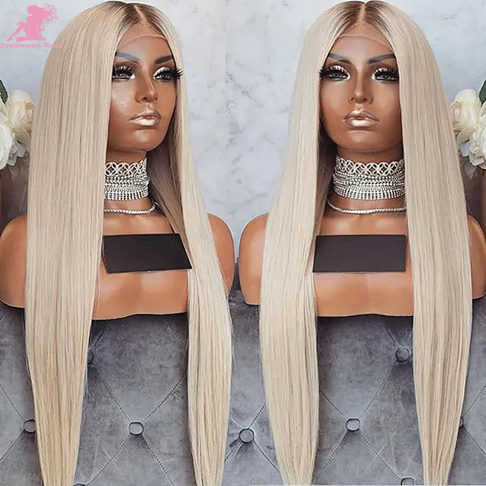 Ash Blonde Lace front Human Hair Wig PrePlucked ombre 13x6 360 Lace Frontal Full Lace wig Dark roots brazilian hair Long straigt women human hair loose wave frontal wig 13x4 13x6 lace front wig ombre black blonde highlights color remy hair 150% preplucked