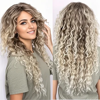 Womens Wig Long Synthetic Hair Ombre Blonde Curly Wigs Female Natural Wavy Drag Queen Regular Wig 80s Gradient Wigs for Student 1