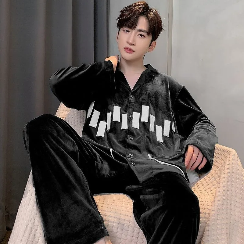 2024 New Island Velvet Pajamas Men Thick Young Middle-aged Plus Size Sleepwear Autumn Winter Warm Spring V-neck Homewear Suit coral velvet pajamas in winter warm men s large size warm island velvet middle aged father home service suit