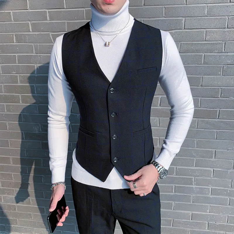 Size S-5XL Boutique Fashion Men's Formal Business Plaid Suit Vest Groom Wedding Party Performance Social Male Casual Waist Coat