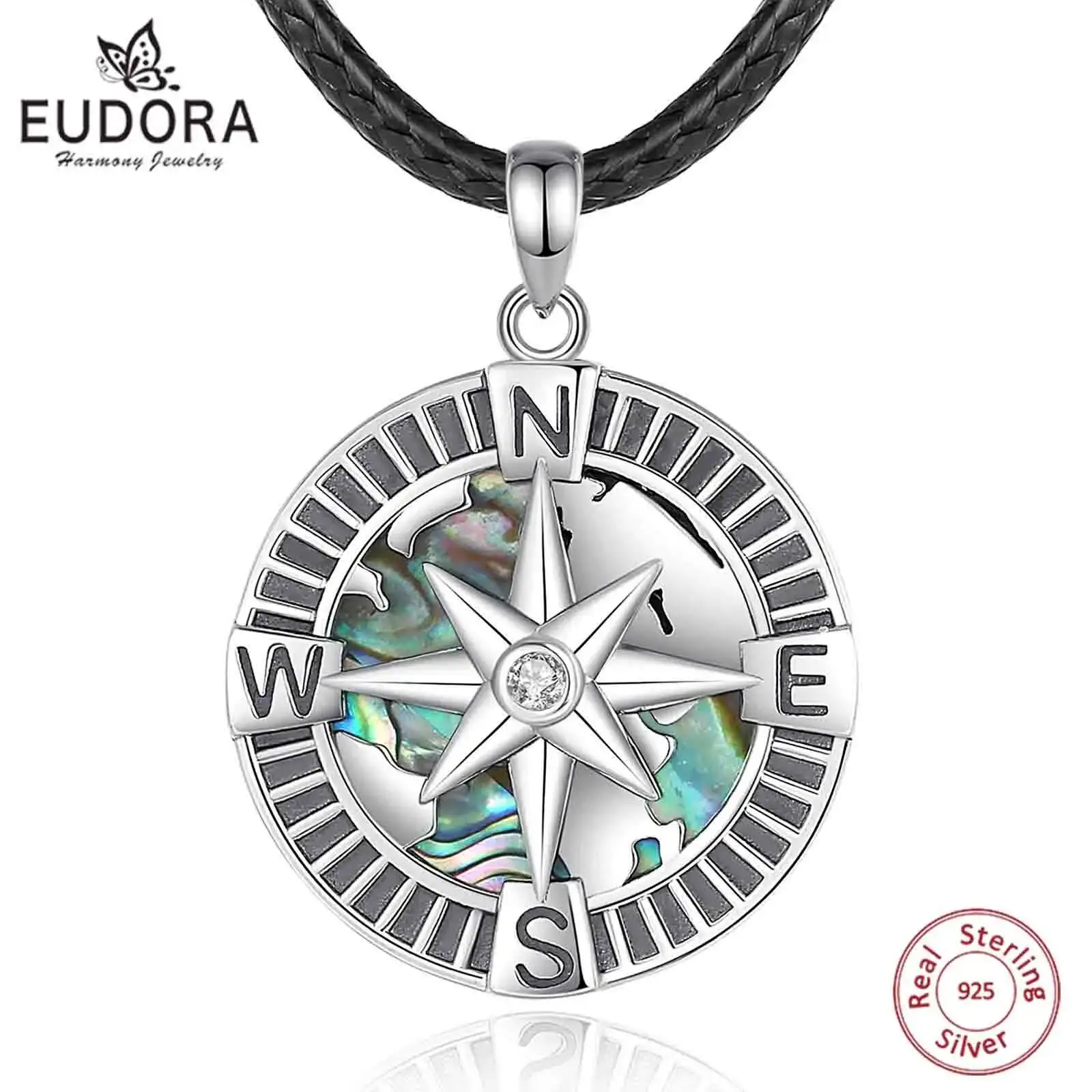 Eudora 925 Sterling Silver North Star Necklace for Women Man Natural Abalone Shell Compass Pendant Personality Jewelry Fine Gift