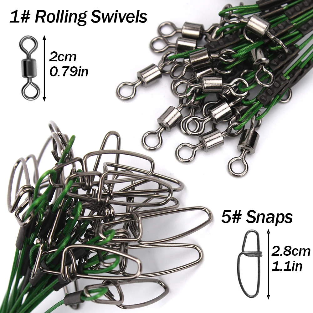 20pcs 50cm Anti Bite Steel Fishing Wire Leaders Heavy Duty 150LB/68kg High Strength Pre Made Line Leaders Swivels Snaps fishing line,fishing tackle