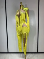 Yellow Tassel Stretch Bodycon Jumpsuit Nightclub Gogo Dance Clothing Dj Rave Outfit Nightclub Party Singer Performance Outfit - Image 2