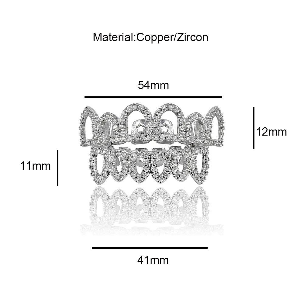 RACHELZ Hip Hop 6/6 Hollow CZ Stone Teeth Grillz For Women Men Micro-Paved Zircon Tooth Caps Dental Grills Body Jewelry