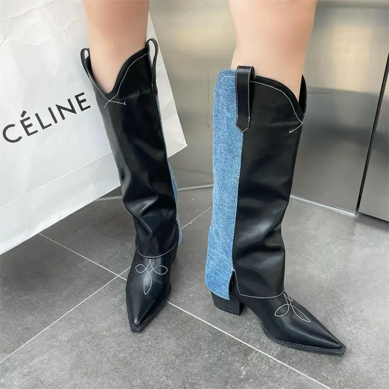 

Shark Boots Fold Pointed Toe Black Denim Mix Color Long Knee High Heels Autumn Rubber Free Shipping Cowboy Boots Shoes For Women