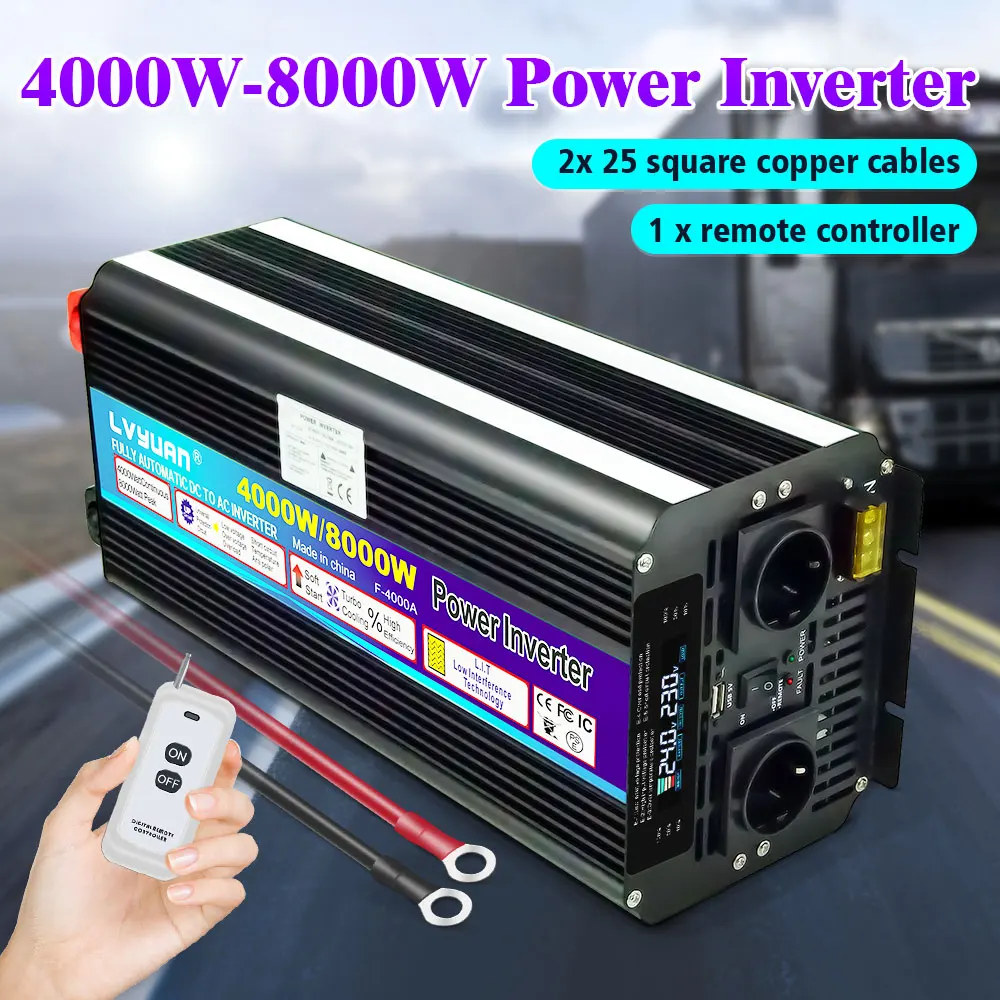 

4000W/8000W DC 12V/24V To AC 230V 50Hz/60Hz LCD Voltage Digital Display Car Power Inverter With 4.8A USB EU/Universal Socket