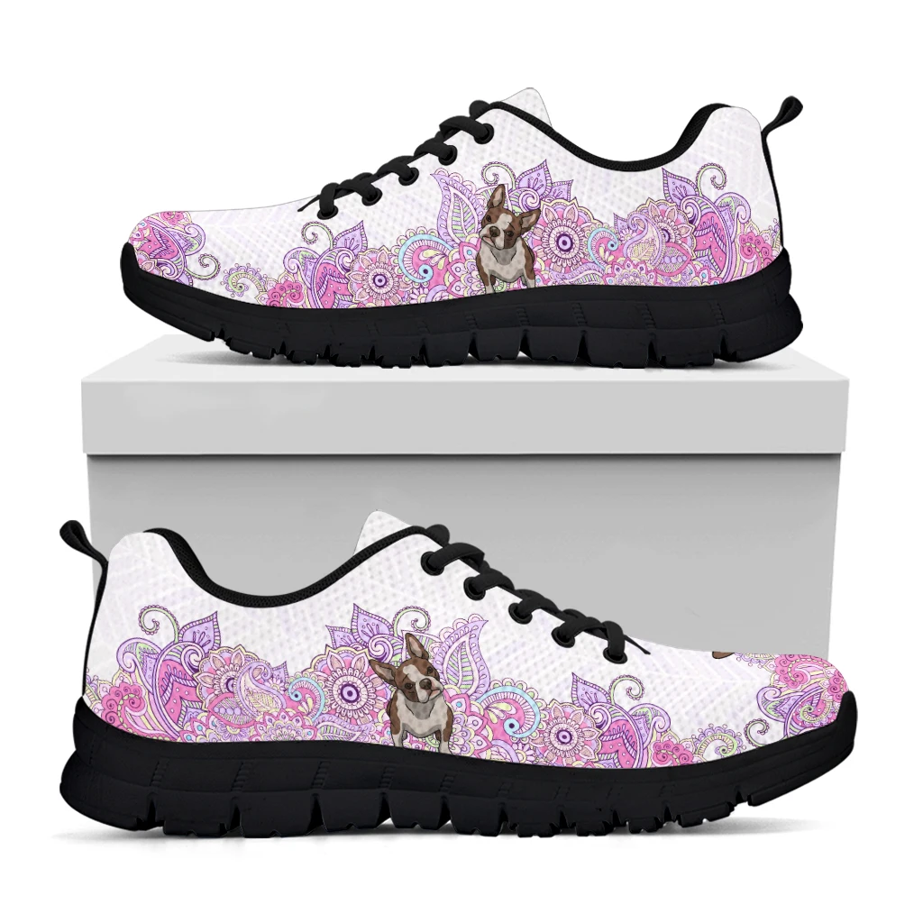Fashion Lavender Bohemian Mandala Flower Design Boston Terrier Print Lightweight Outdoor Sneakers Lace Up Shoes