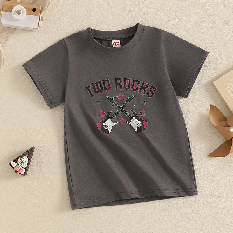 Toddler Boy Birthday T-Shirt Guitar Letter Print Short Sleeve Round Neck Graphic Tops